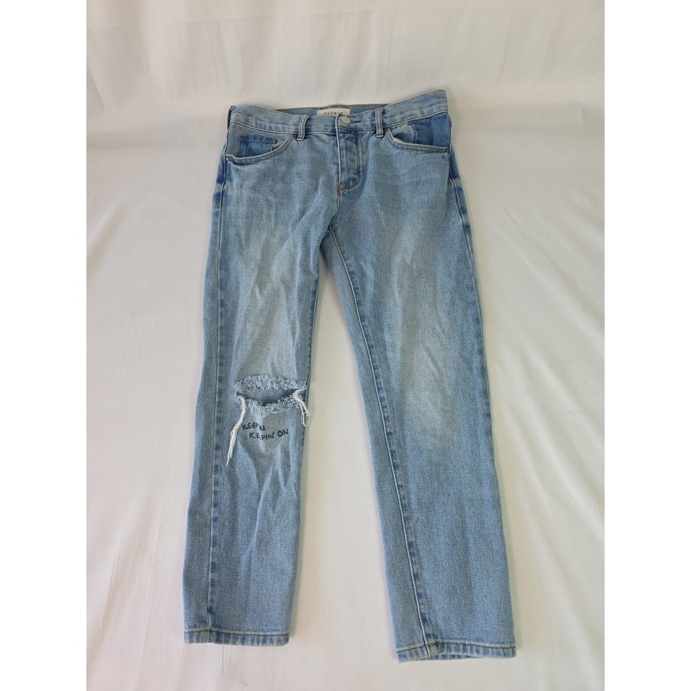 PacSun Jeans Womens 24 Blue Girlfriend Fit Button Fly Denim Distressed 28x25